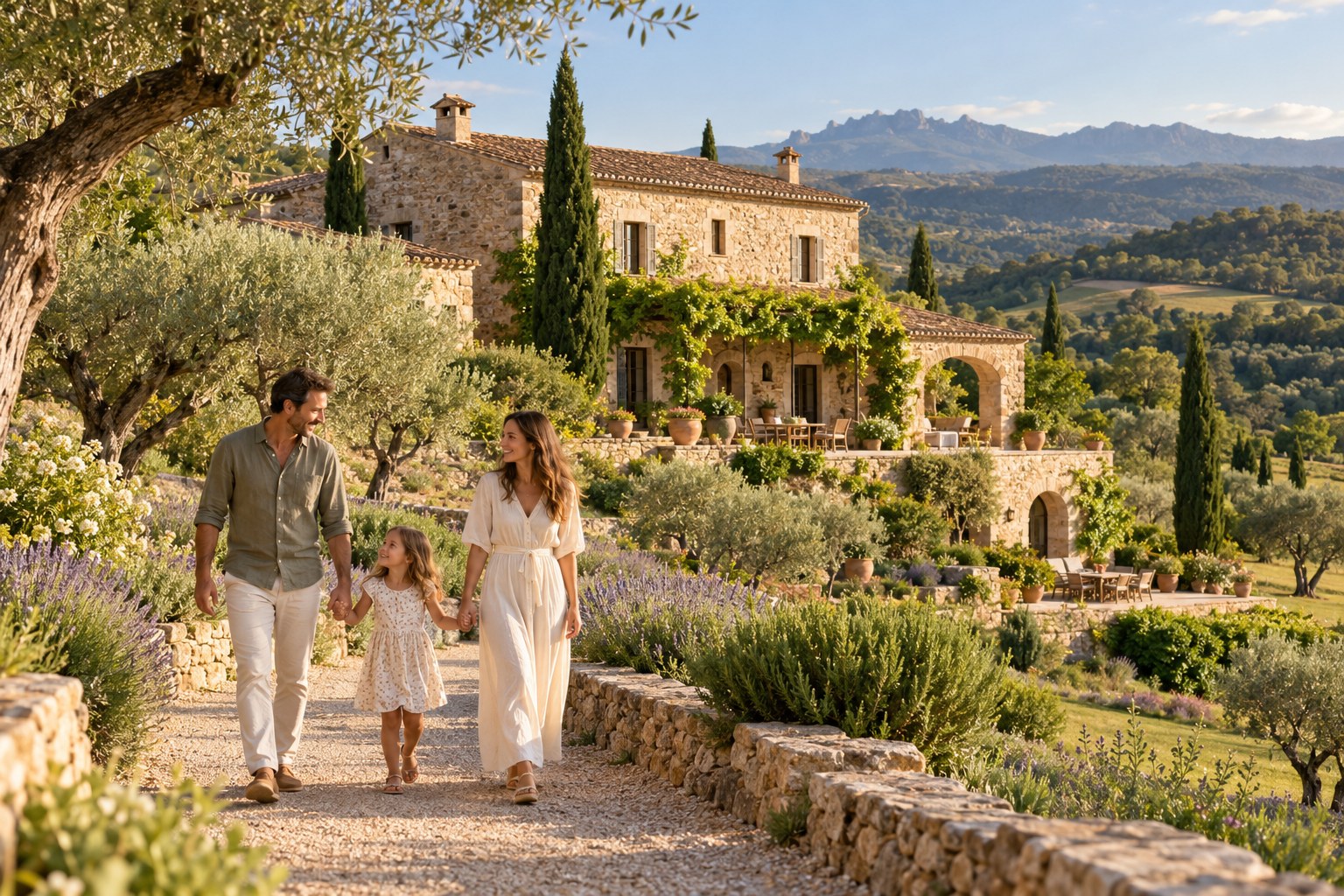 Familia paseando frente a una masía de piedra en un paisaje catalán cálido